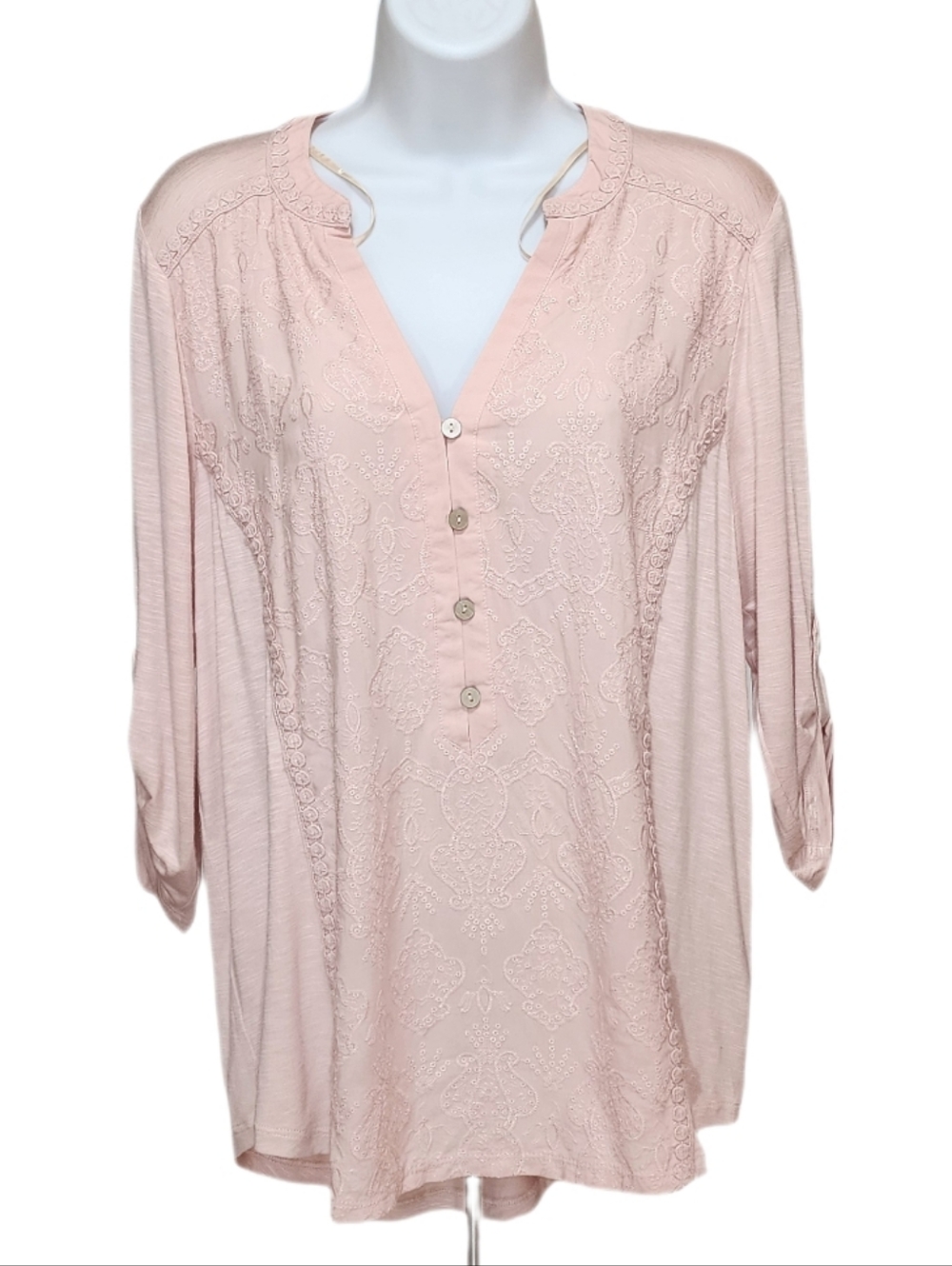Democracy Embroidered Lace Blouse Top Split Neck Roll Tab 3/4 Sleeves Rose M, 2X